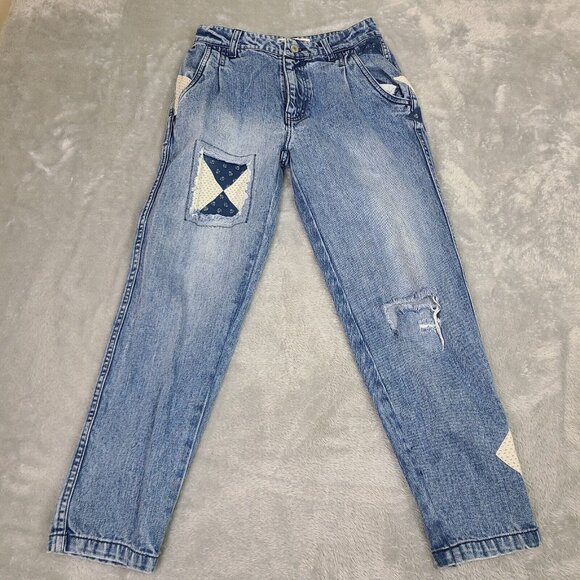 Brand New‎ Free People We The Free Down To Earth Patched Denim Jeans Sz 24 - Picture 1 of 12